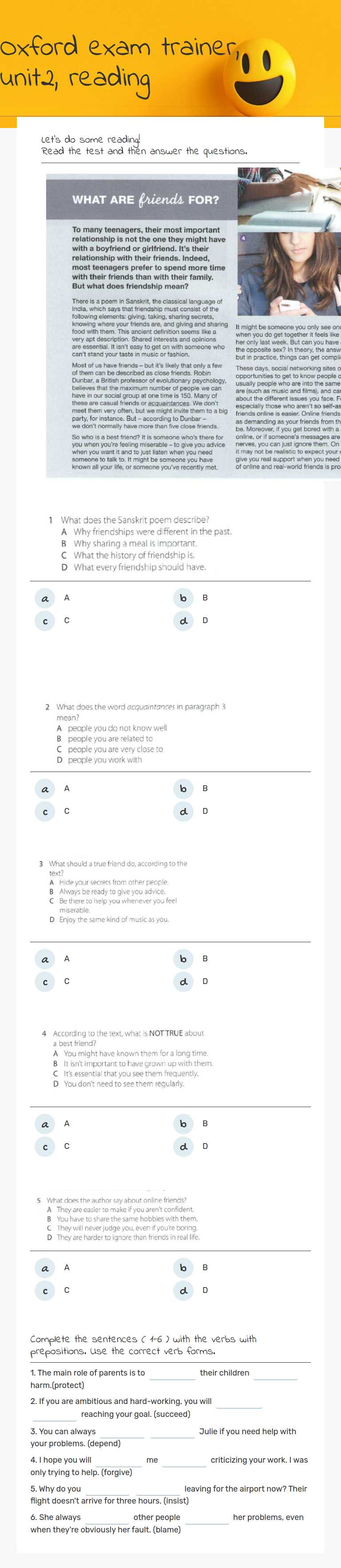 Oxford exam trainer, unit2, reading worksheet preview image