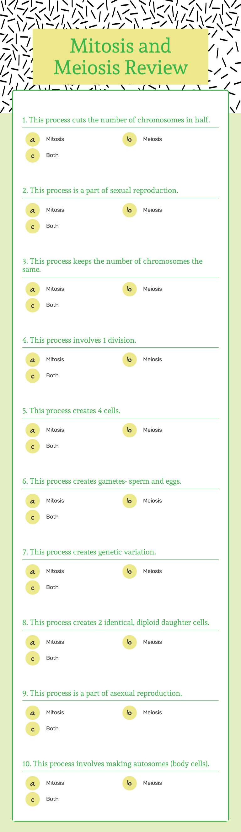 Mitosis and Meiosis Review worksheet preview image