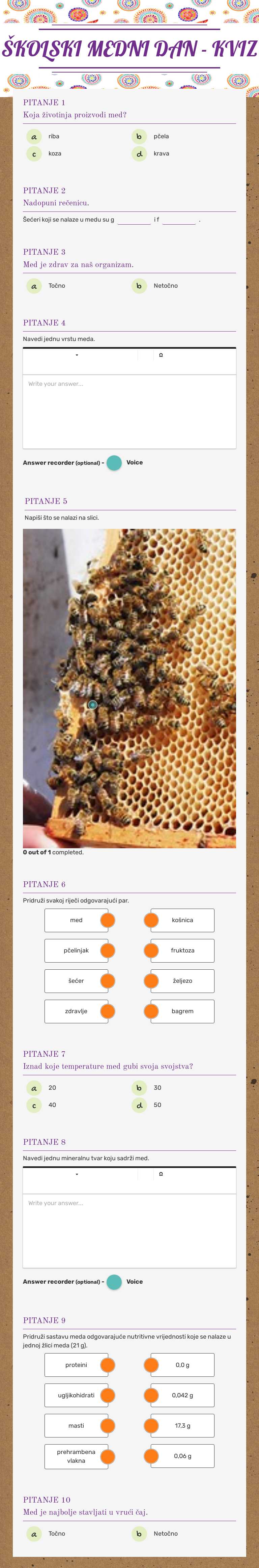 ŠKOLSKI MEDNI DAN - KVIZ worksheet preview image