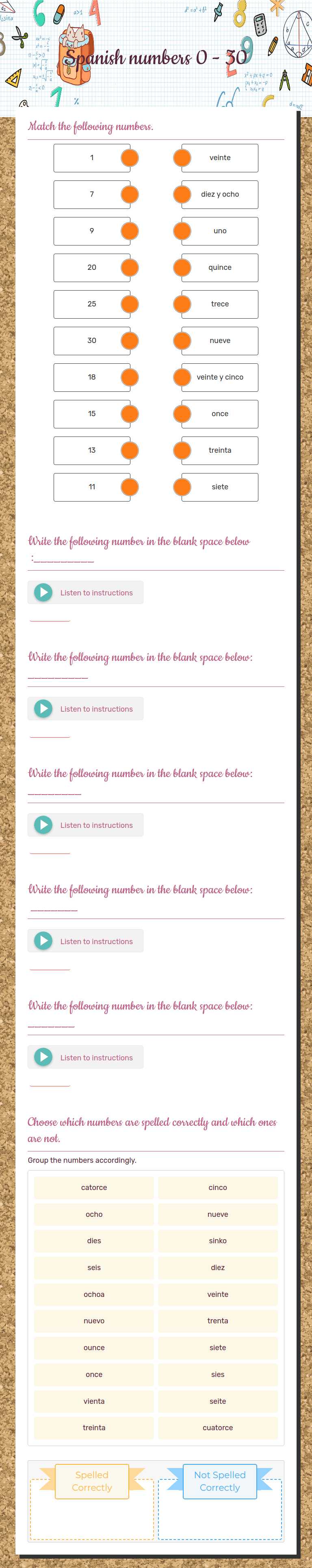 Spanish numbers 0 - 30 worksheet preview image
