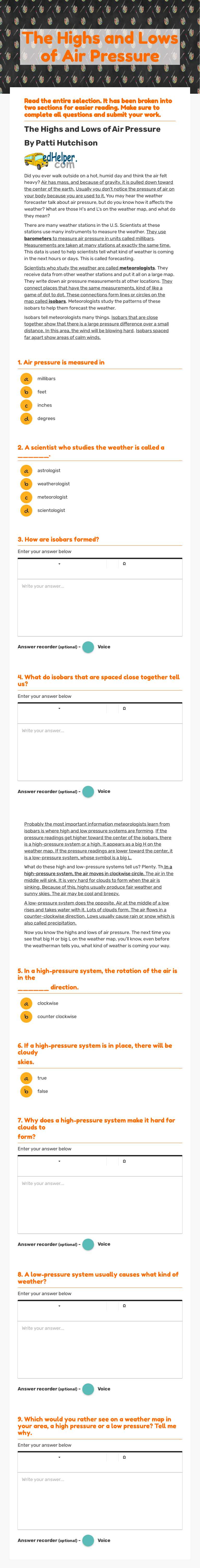 The Highs and Lows of Air Pressure worksheet preview image