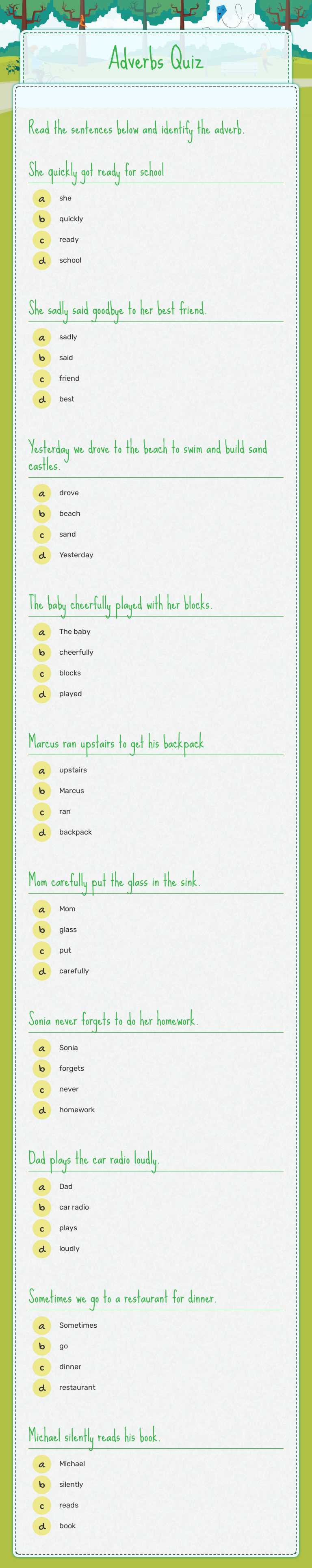 Adverbs Quiz worksheet preview image