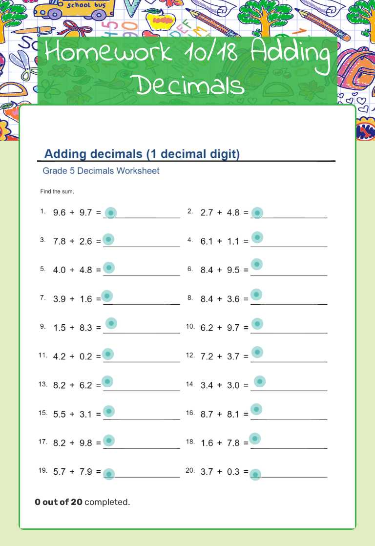 Homework 10/18  Adding Decimals worksheet preview image