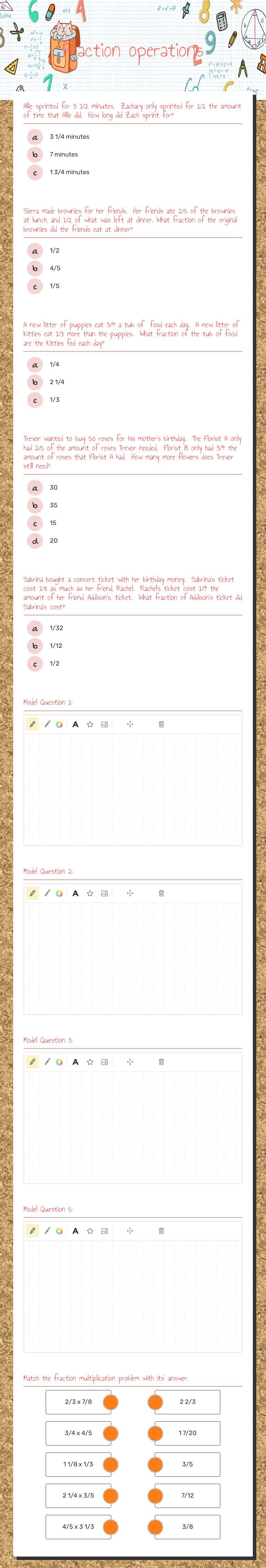 Fraction operations worksheet preview image