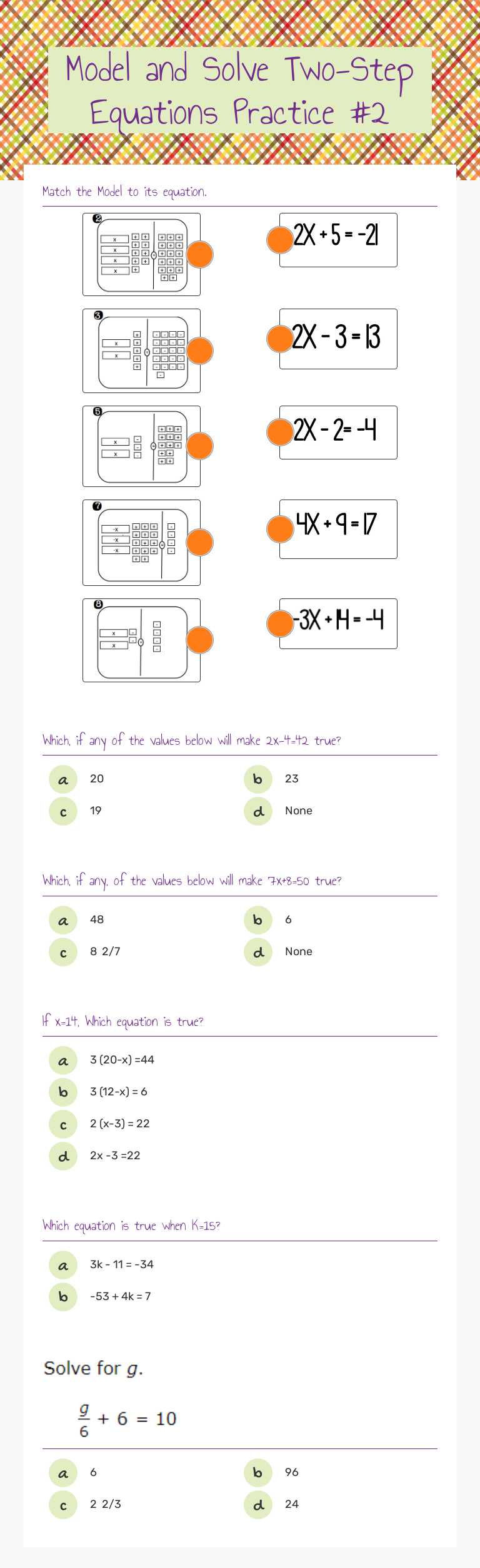 Model and Solve Two-Step Equations Practice #2 Grade 6 worksheet preview