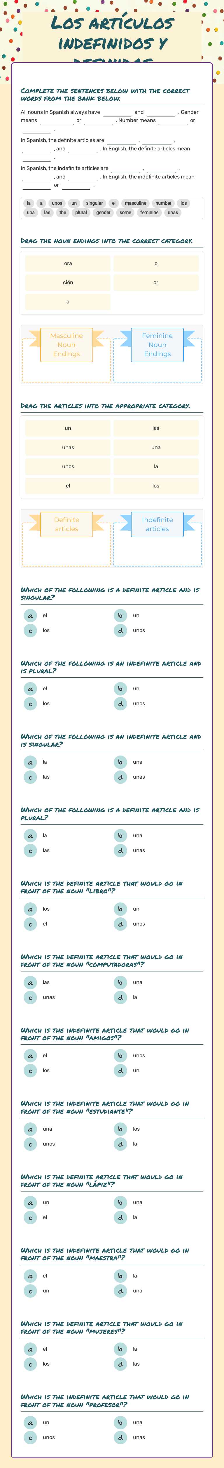 Los artículos indefinidos y definidos worksheet preview image