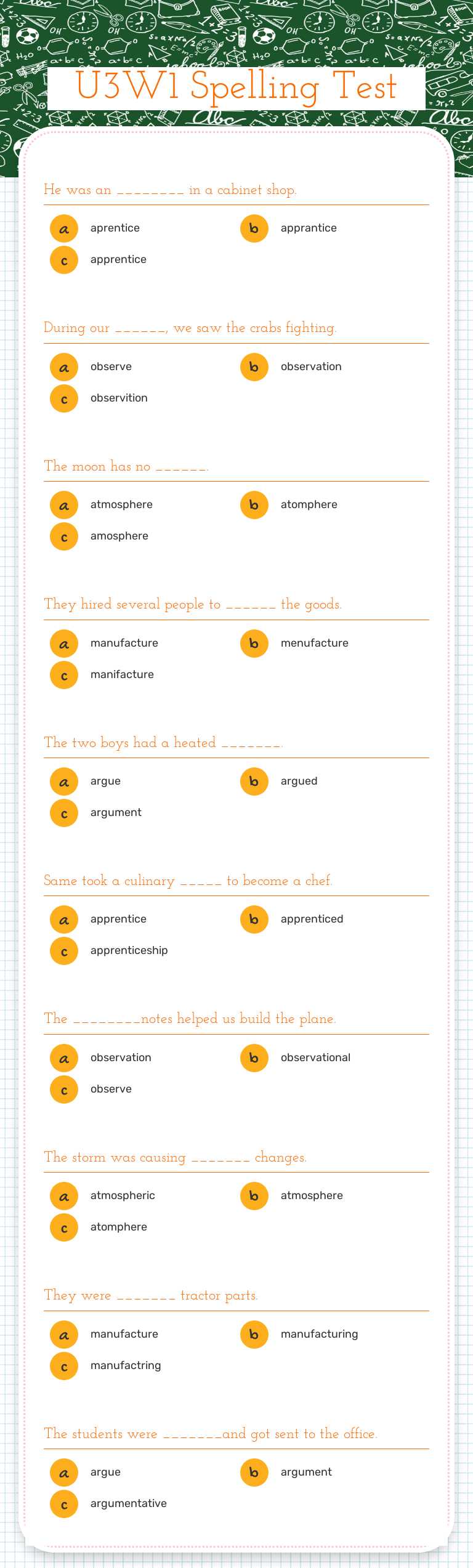 U3W1 Spelling Test Grade 4 worksheet preview