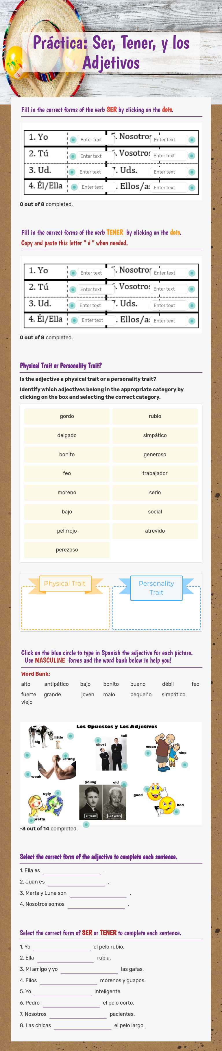 Práctica: Ser, Tener, y los Adjetivos worksheet preview image