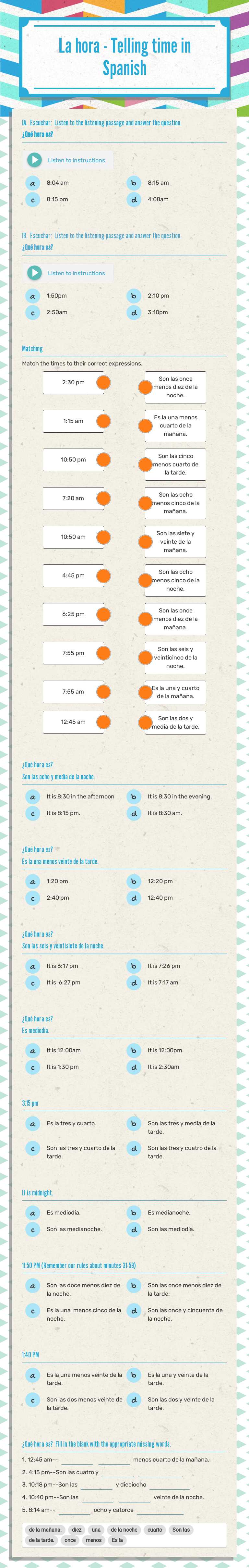 La hora - Telling time in Spanish worksheet preview image