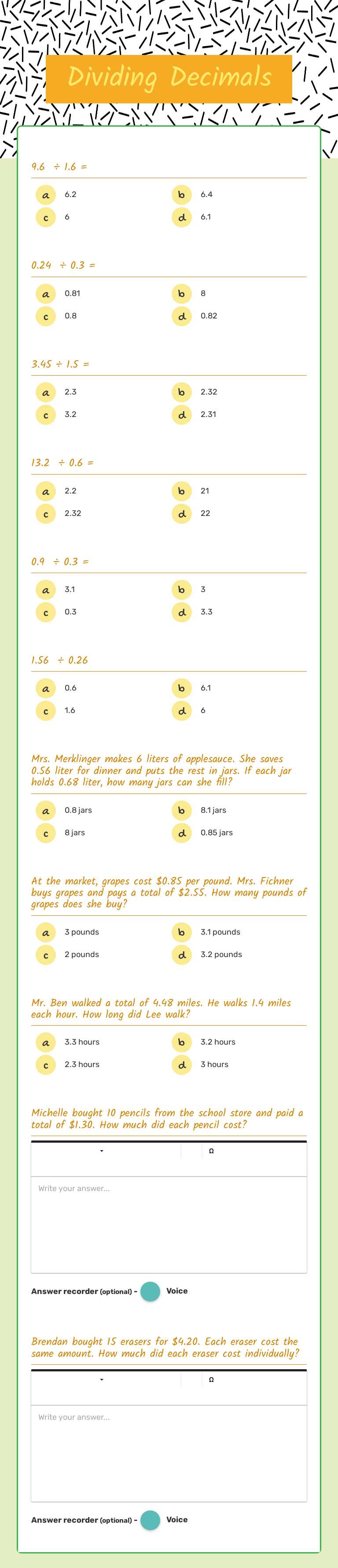Dividing Decimals worksheet preview image