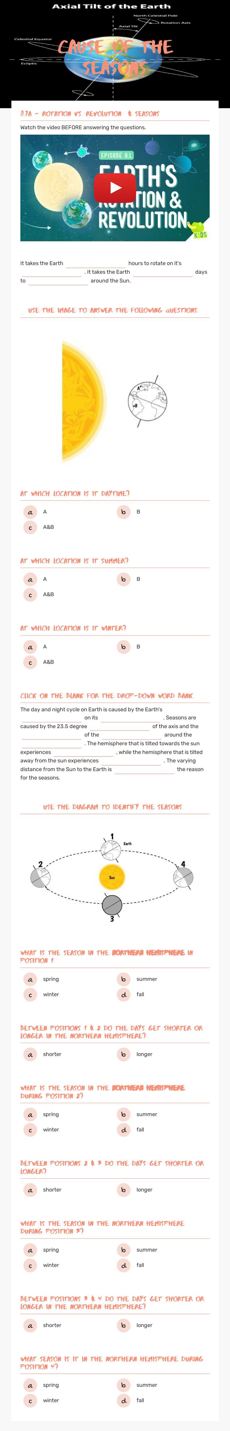 Cause of the Seasons Grade 8 worksheet preview