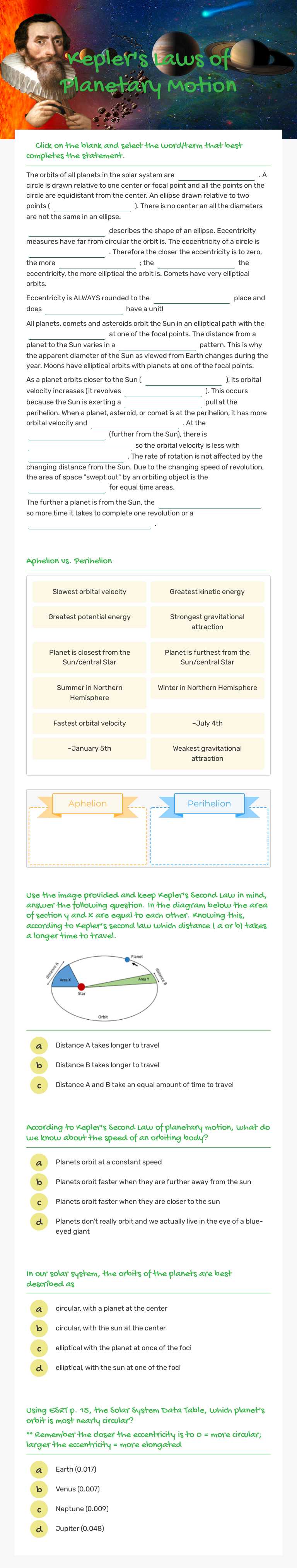 Kepler's Laws of Planetary Motion worksheet preview image