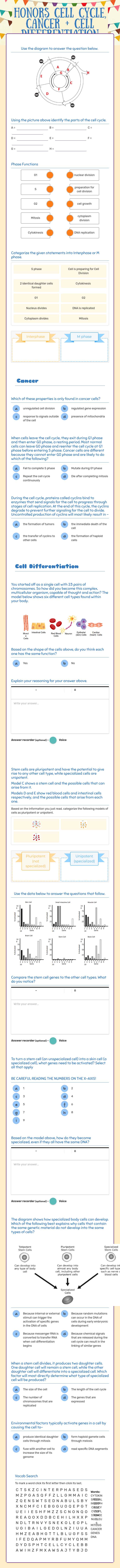 HONORS Cell Cycle, Cancer + Cell Differentiation worksheet preview image
