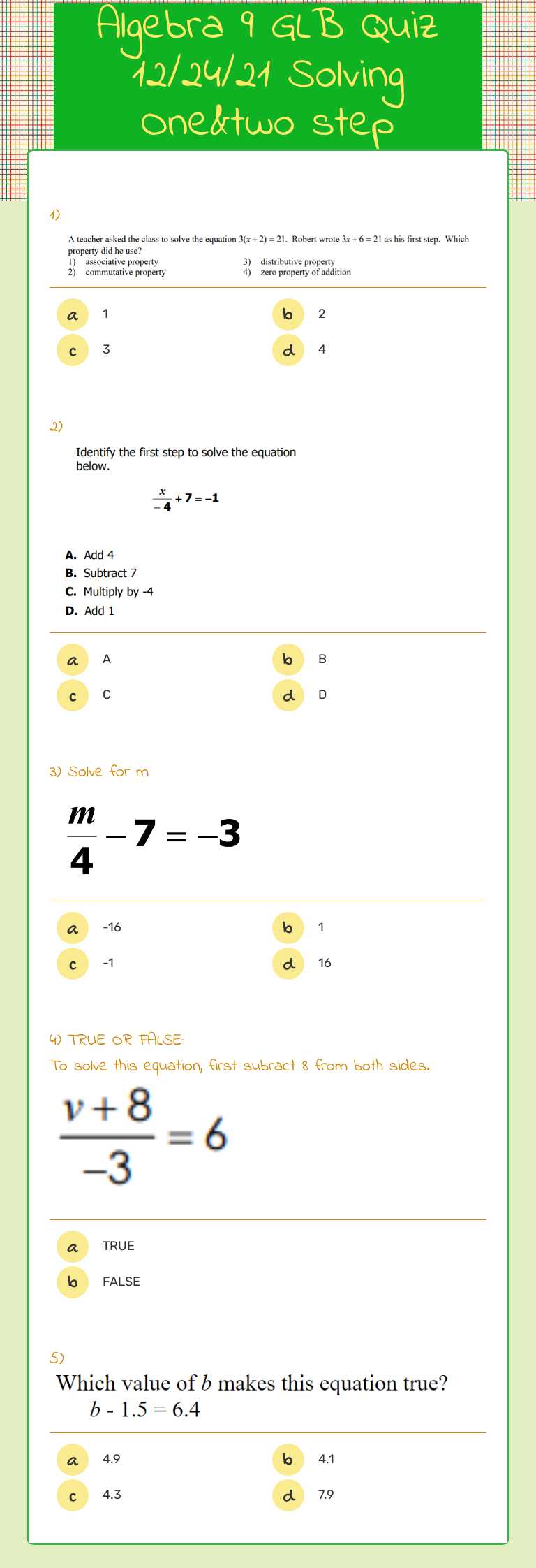 Algebra 9 GLB Quiz 12/24/21 Solving One&two step equations Grade 9 worksheet preview