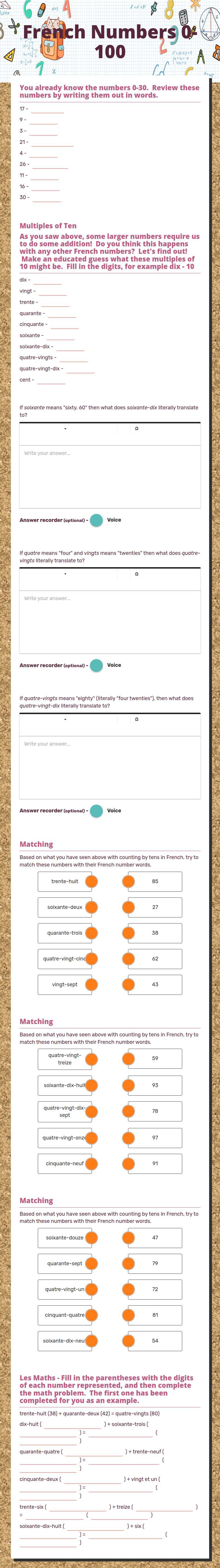 French Numbers       0-100 Grade 10 worksheet preview