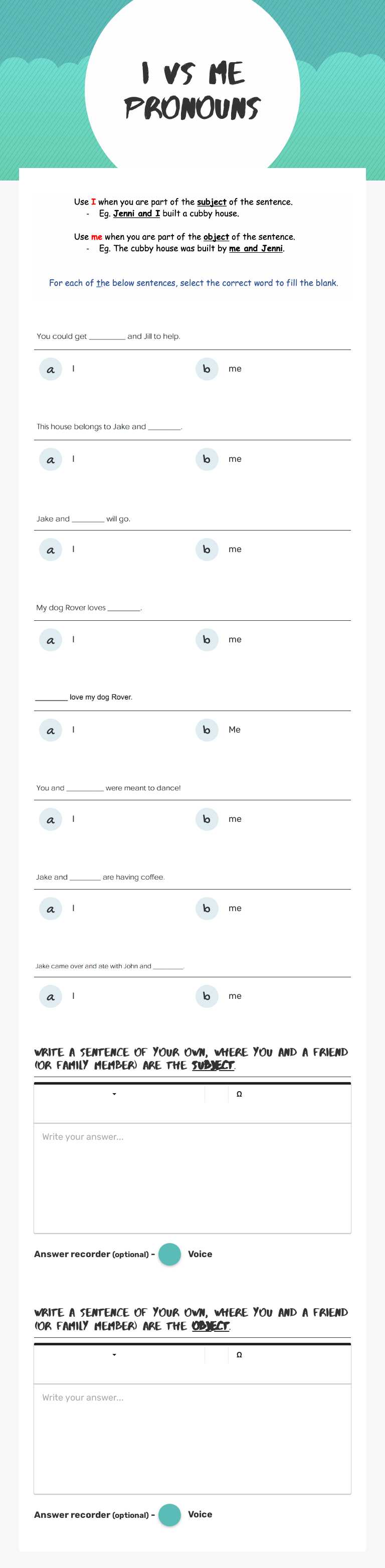i Vs Me pronouns worksheet preview image