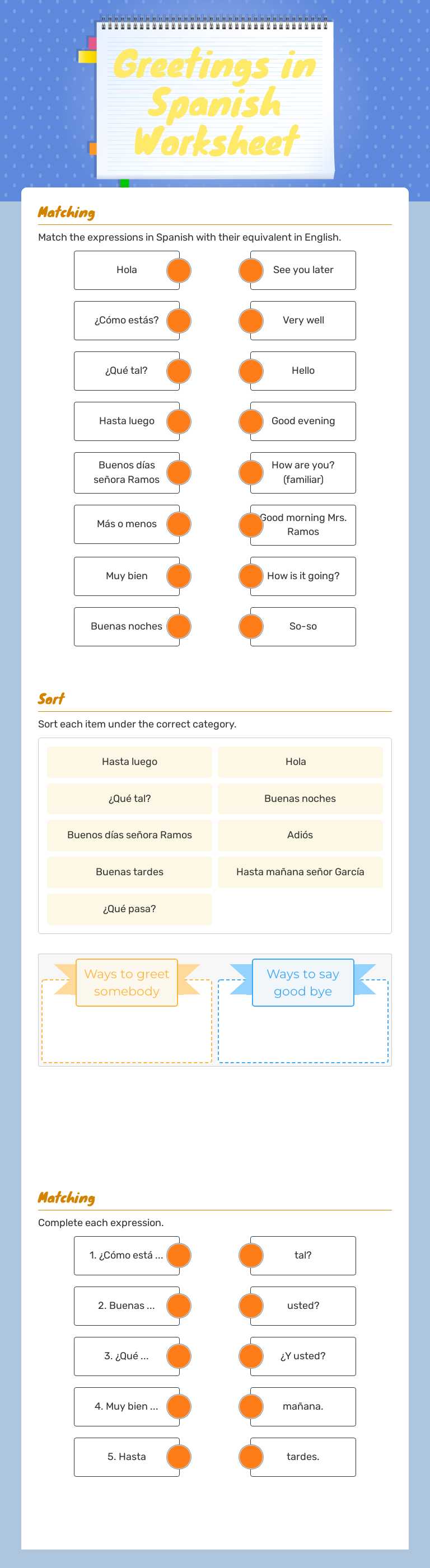 Greetings in Spanish Worksheet Grade 9 worksheet preview