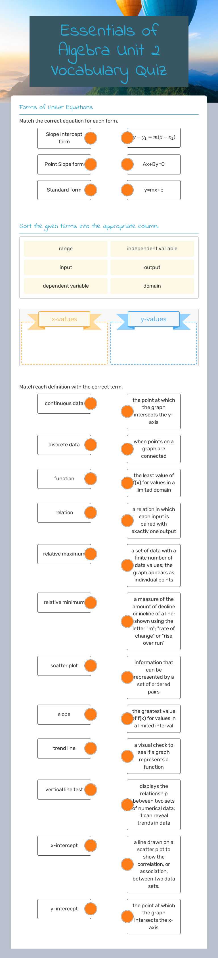 Essentials of Algebra Unit 2 Vocabulary Quiz worksheet preview image