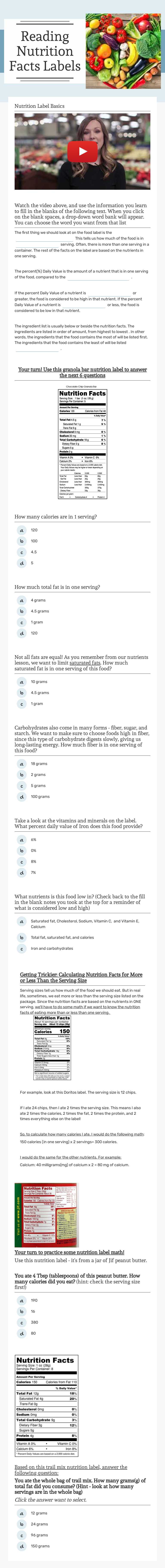 Reading  Nutrition Facts Labels worksheet preview image