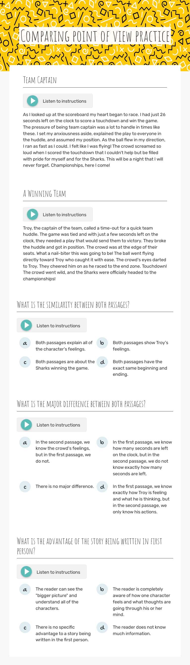 Comparing point of view practice worksheet preview image