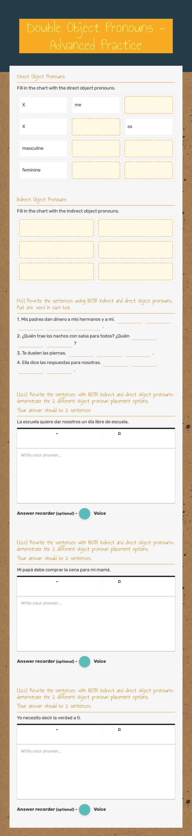 Double Object Pronouns - Advanced Practice worksheet preview
