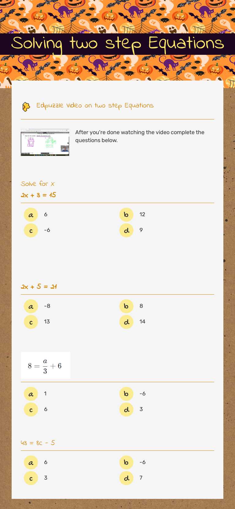 Solving two step Equations Grade 6 worksheet preview