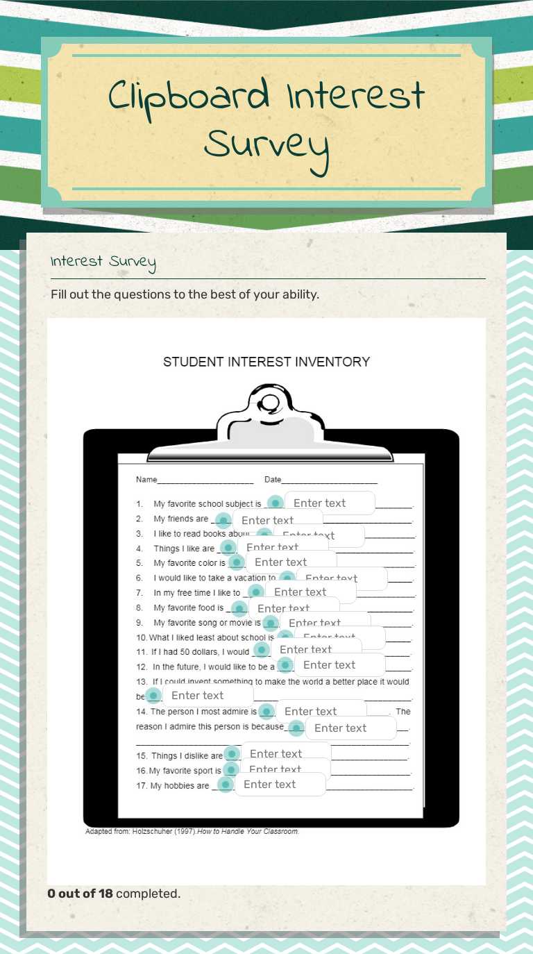 Clipboard Interest Survey worksheet preview image