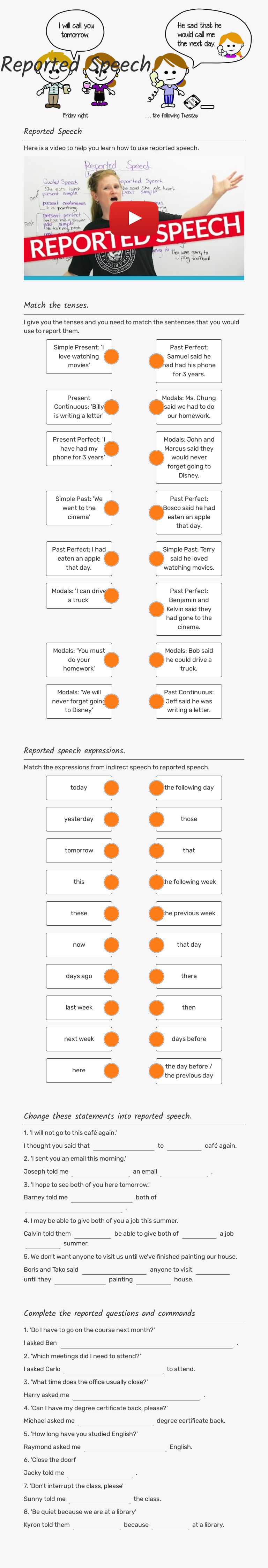Reported Speech Grade 9 worksheet preview