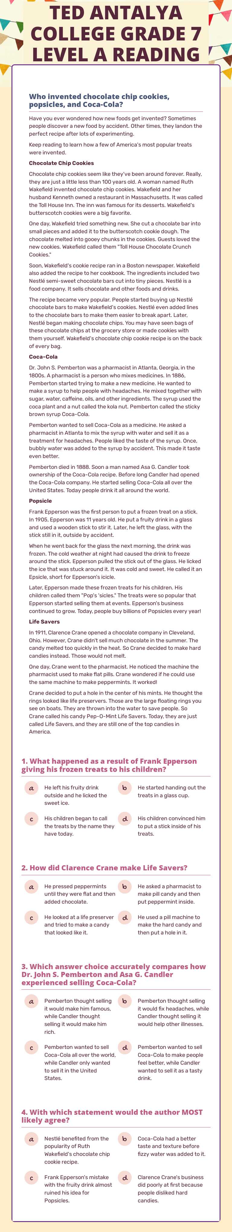 TED ANTALYA COLLEGE GRADE 7 LEVEL A READING WORKSHEET worksheet preview image