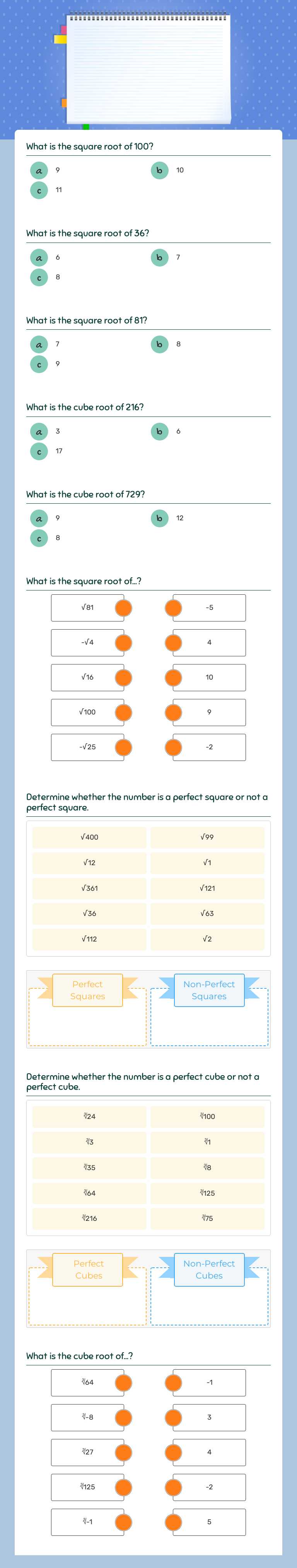 Square Roots and cube roots worksheet preview image