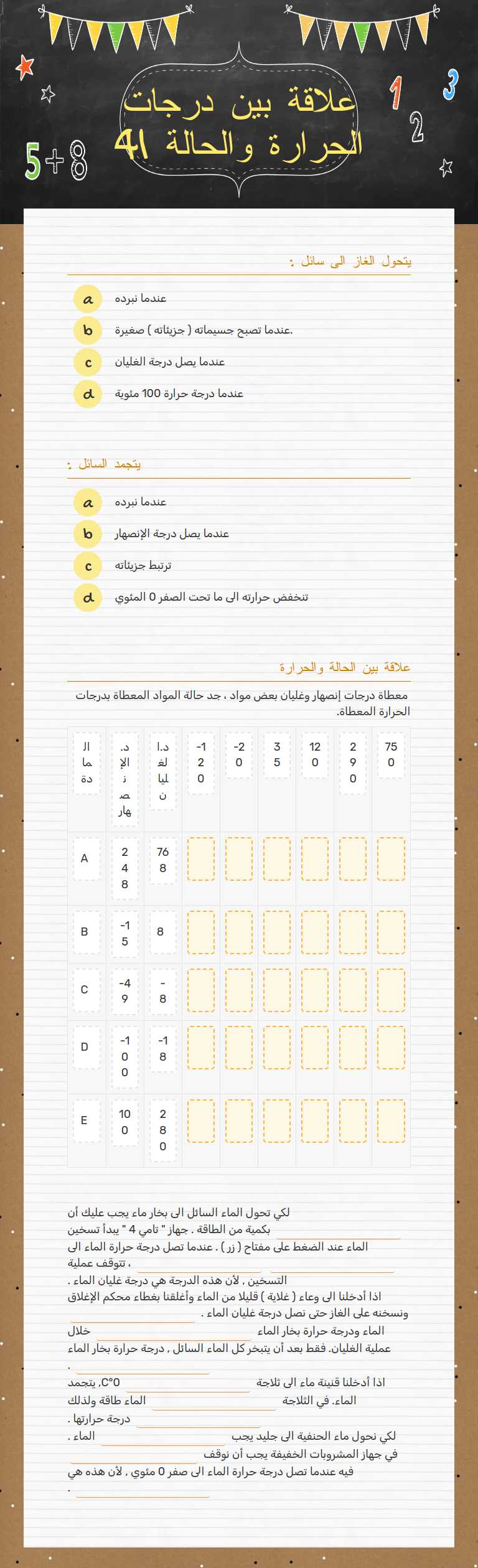 علاقة بين درجات الحرارة والحالة 41 Grade 9 worksheet preview