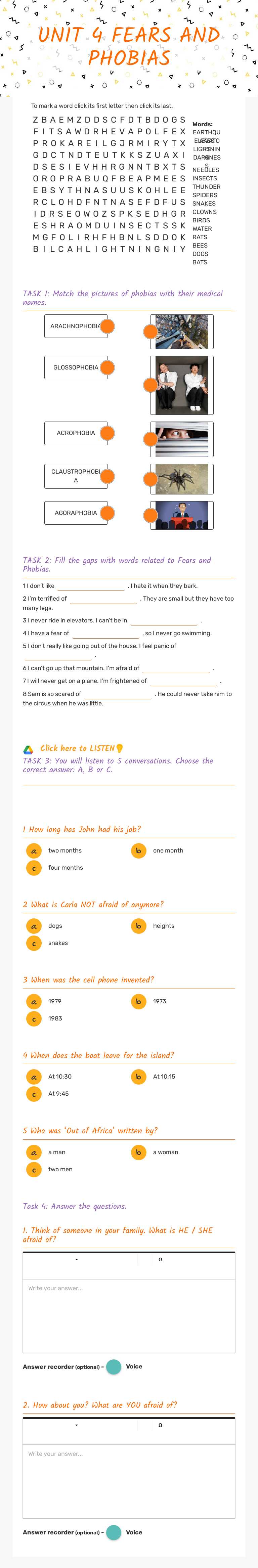 UNIT 4 
FEARS AND PHOBIAS worksheet preview image