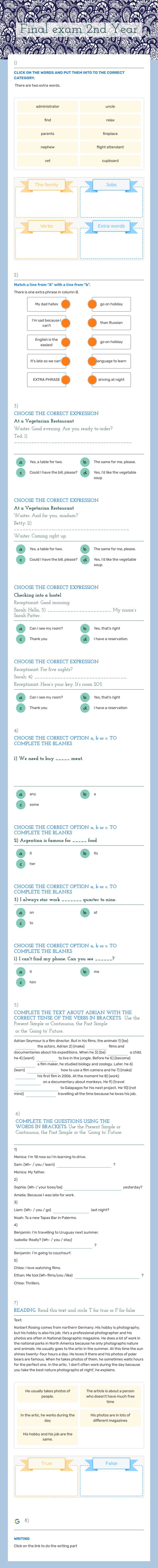 Final exam 2nd Year worksheet preview image