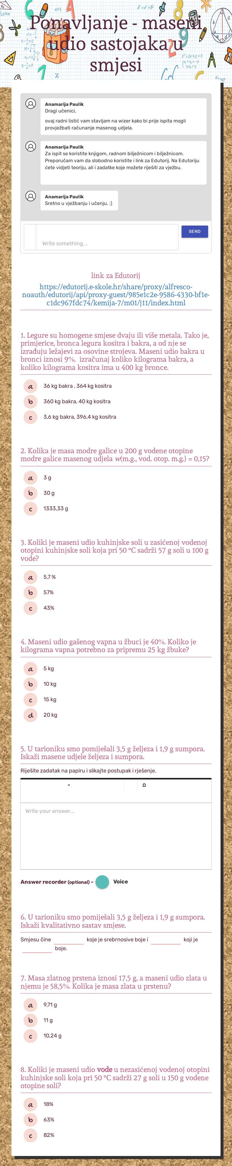 Ponavljanje - maseni udio sastojaka u smjesi Grade 7 worksheet preview