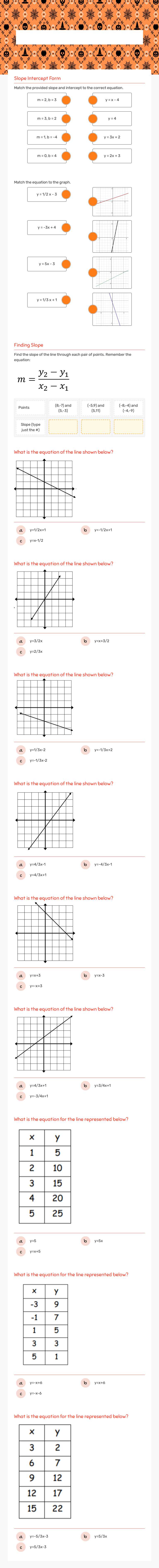 Slope Intercept Form Grade 9 worksheet preview