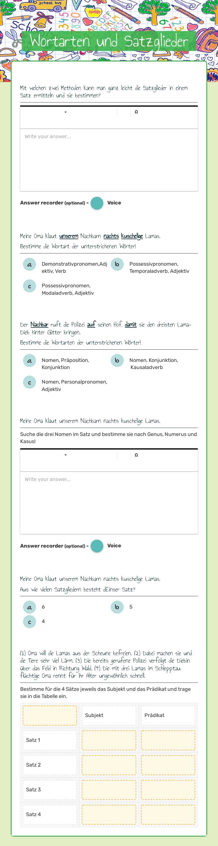 Wortarten und Satzglieder worksheet preview image