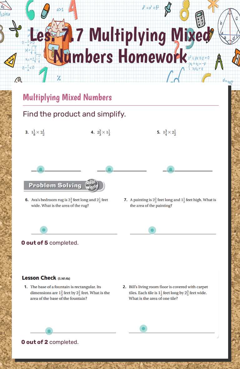 Les. 7.7 Multiplying Mixed Numbers Homework worksheet preview image