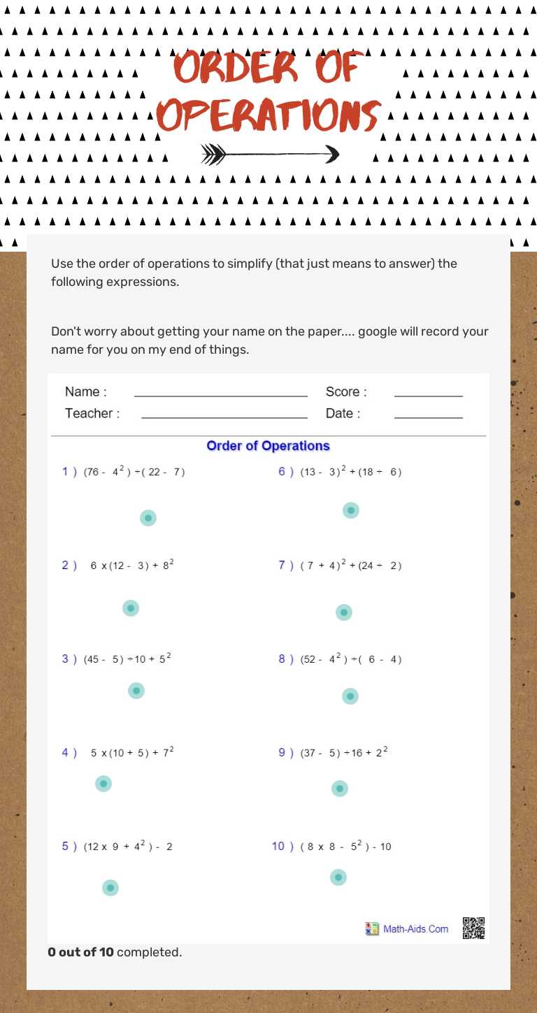 Order of Operations worksheet preview image