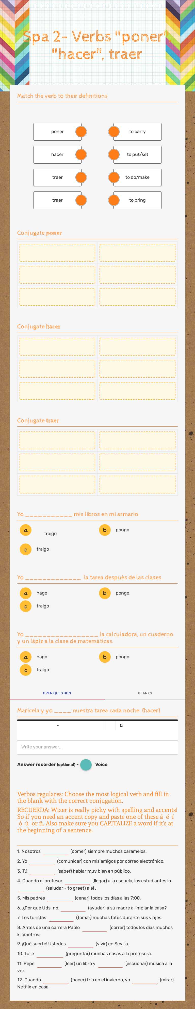 Spa 2- Verbs "poner", "hacer",  traer worksheet preview image