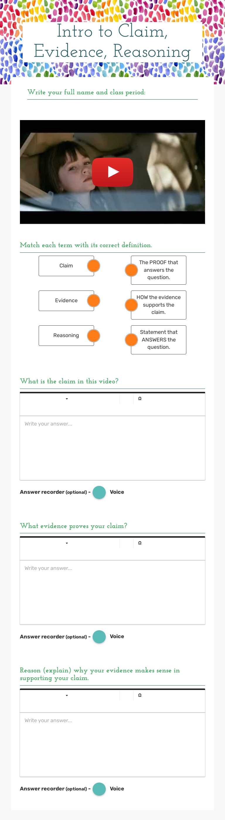 Intro to Claim, Evidence, Reasoning worksheet preview image
