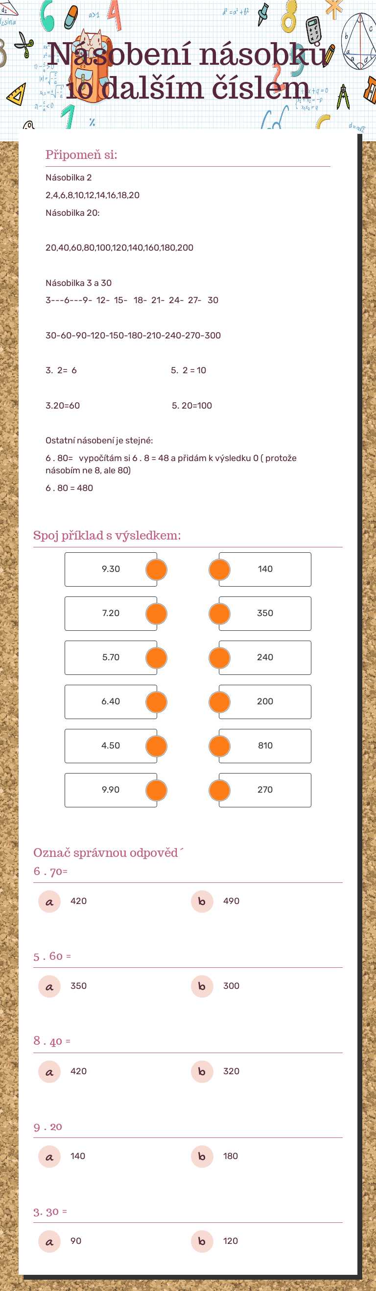 Násobení násobků 10 dalším číslem worksheet preview image