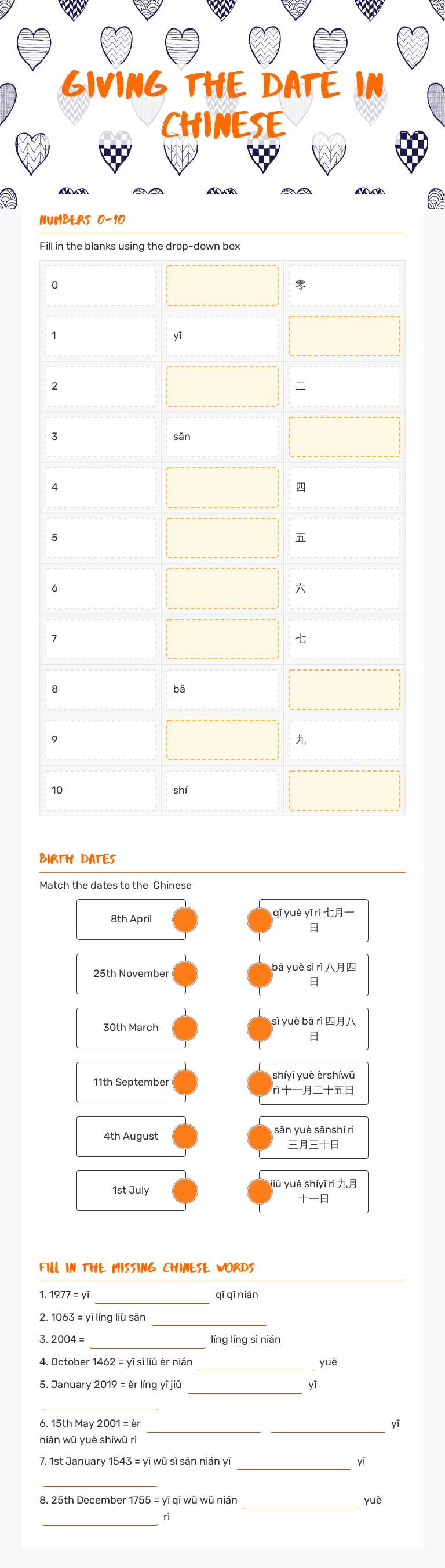 Giving the date in Chinese worksheet preview image