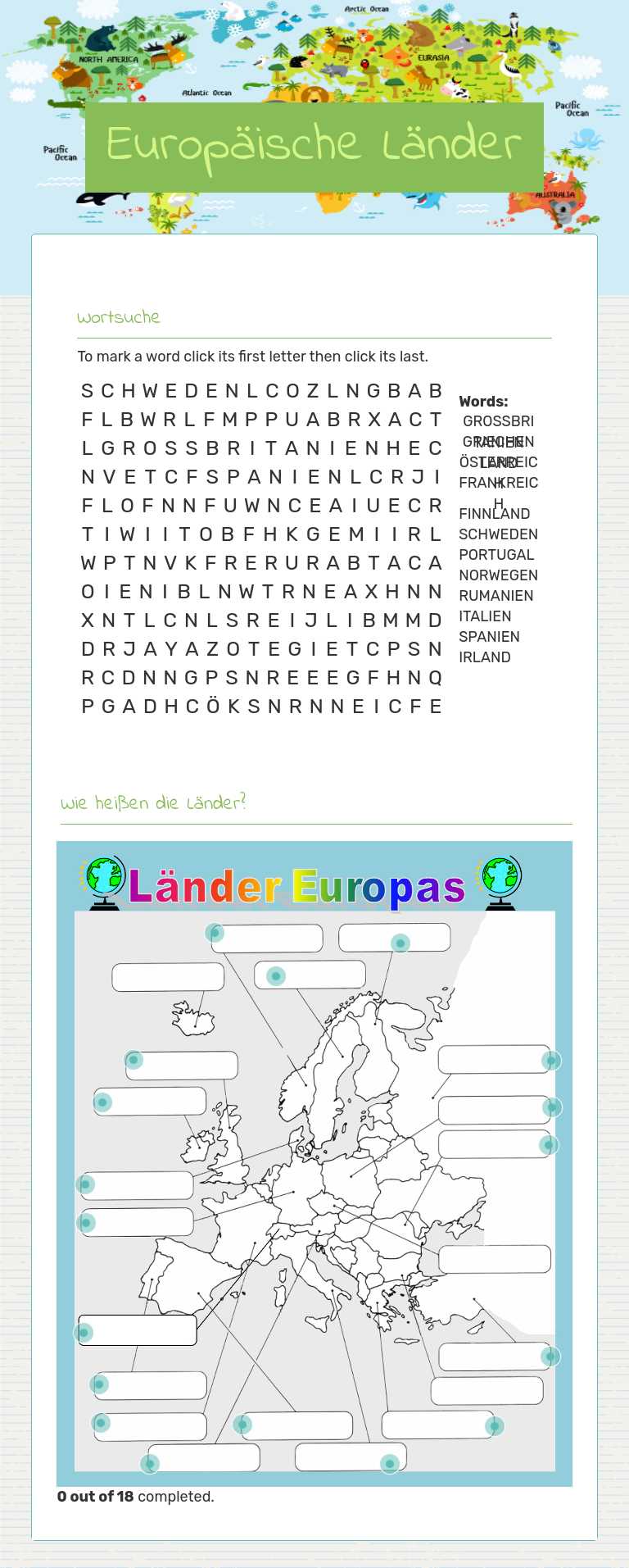 Europäische Länder worksheet preview image