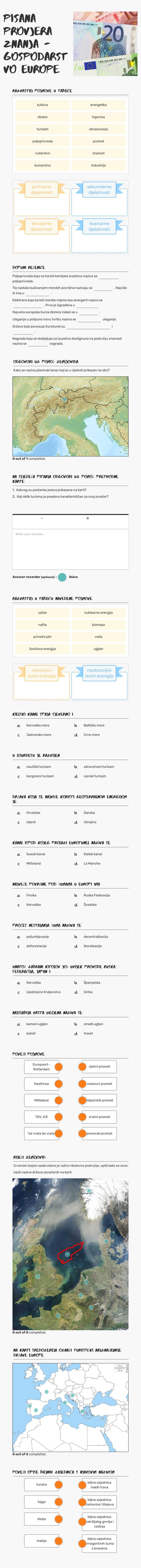 Pisana provjera znanja - GOSPODARSTVO EUROPE worksheet preview image