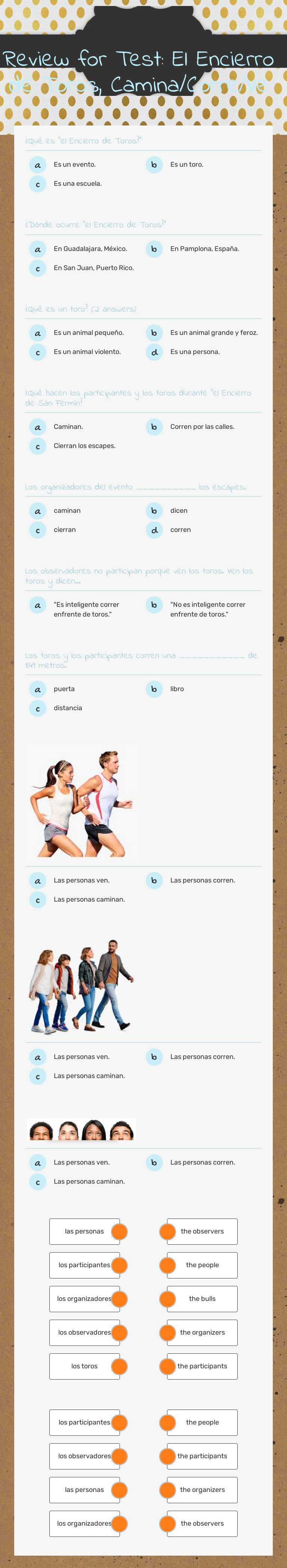Review for Test: El Encierro de Toros, Camina/Corre/Ve worksheet preview image