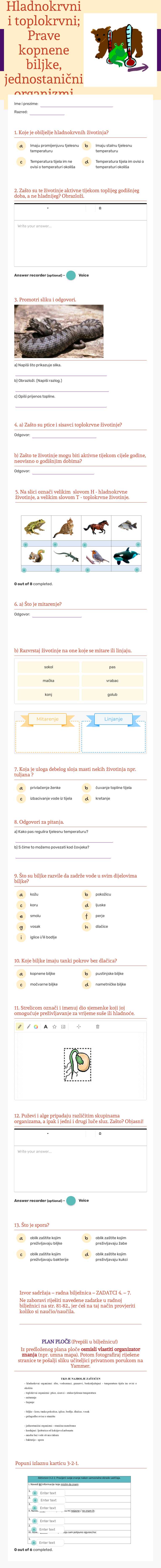Hladnokrvni i toplokrvni; Prave kopnene biljke, jednostanični organizmi worksheet preview image