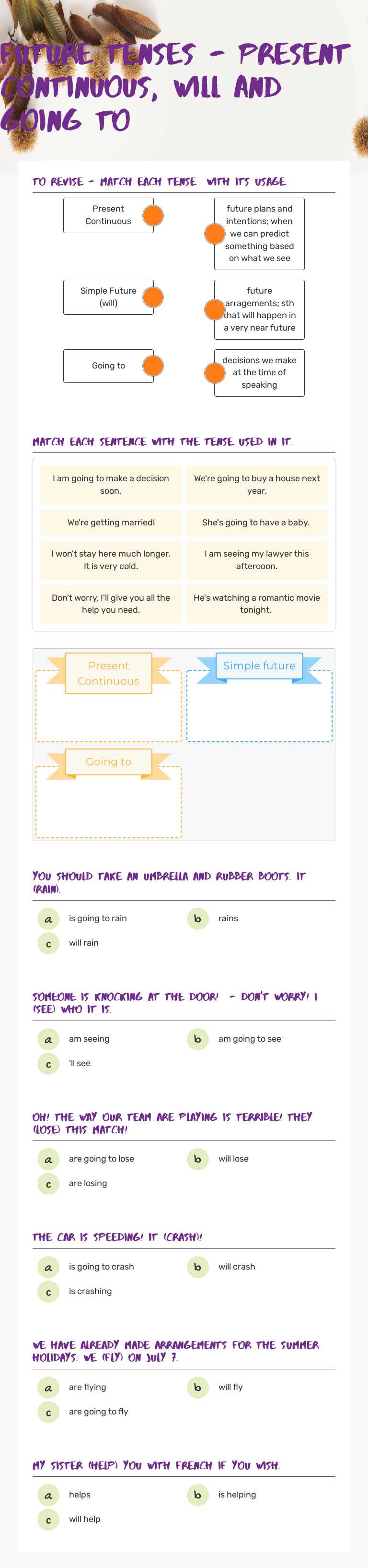 Future tenses - present continuous, will and going to Grade 9 worksheet preview