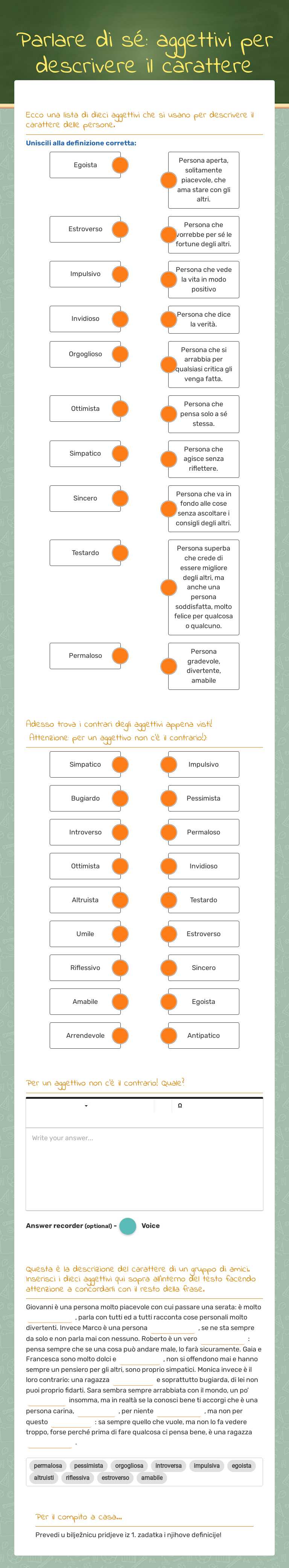 Parlare di sé: aggettivi per descrivere il carattere worksheet preview image