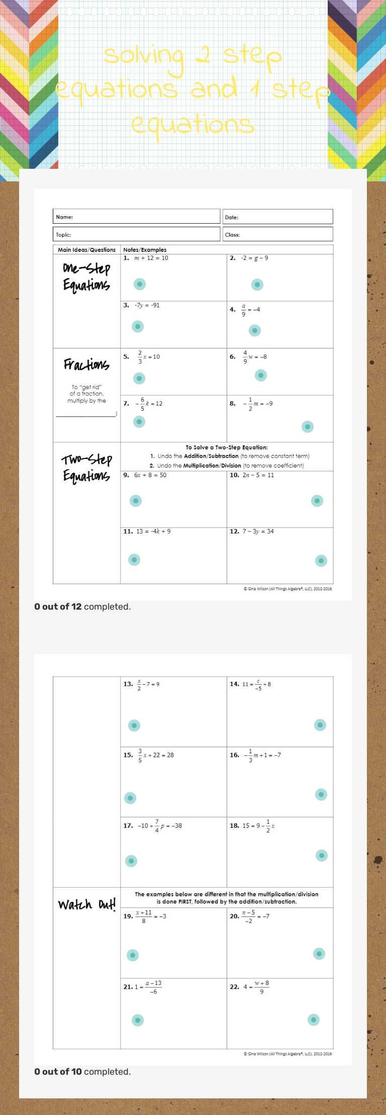 solving 2 step equations and 1 step equations Grade 9 worksheet preview