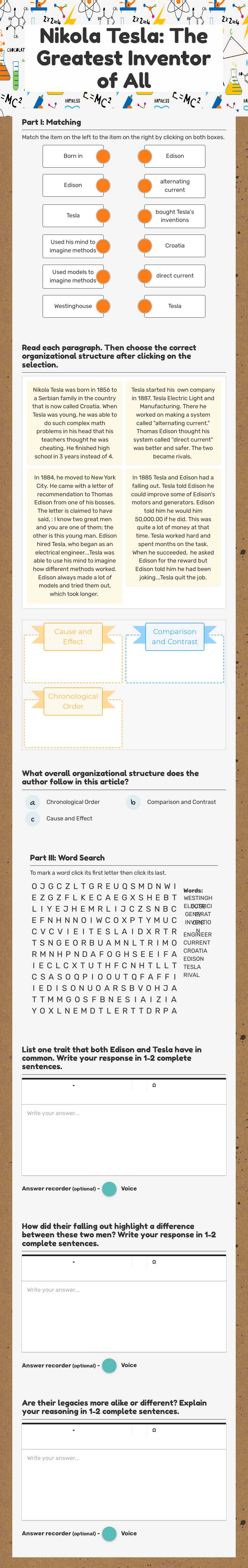 Nikola Tesla: The Greatest Inventor of All worksheet preview image